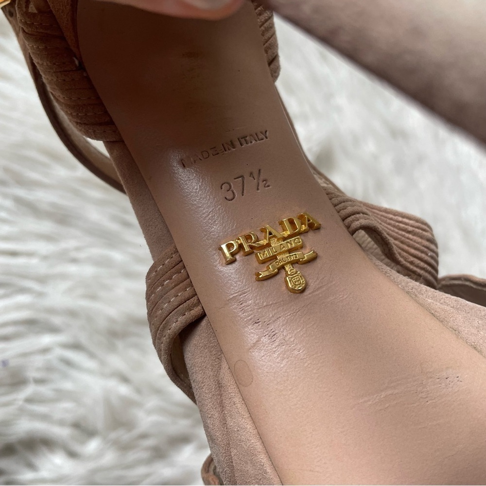 Prada Suede Beige Platform Slingback Peep Toe Swirl Stitch Heeled Sandals 37.5 - Picture 7 of 9